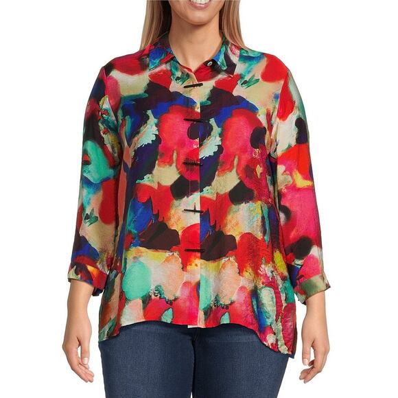 Ali Miles Abstract Print Point Collar Shirt Womens Size Small Artsy Lagenlook - Picture 1 of 5
